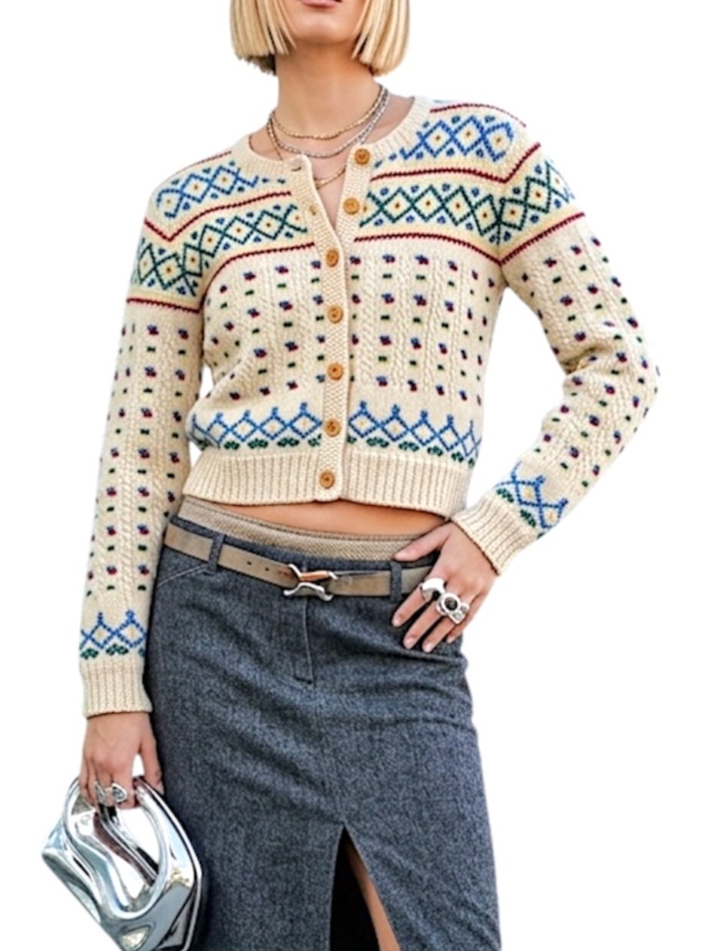 VTG 80 90s pure wool cream fairy isle nordic boxy cropped wood button cardigan M
